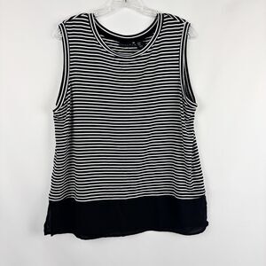 TAHARI Women's Black White Stripes Sleeveless Top w/ Black Slit Hem Detail XL